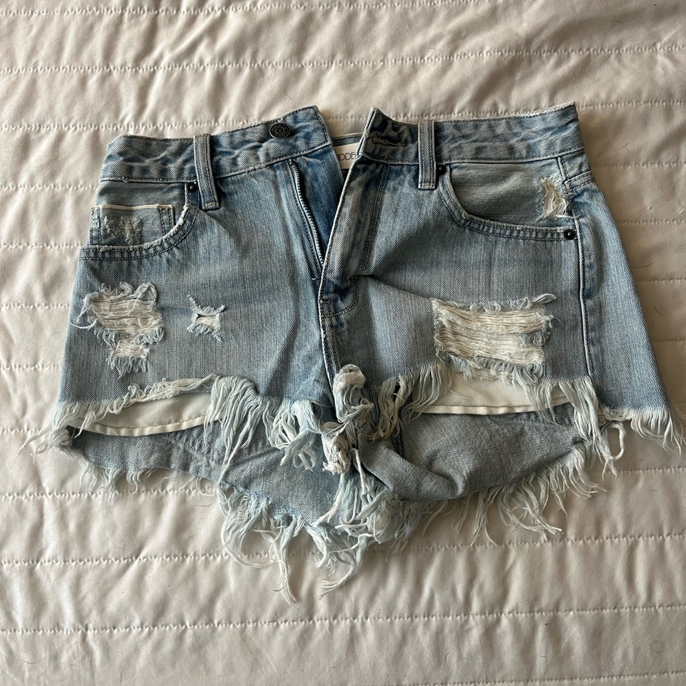 Distressed Blue Jean Shorts with Raw Hem